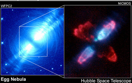 images of the Egg Nebula, by WFPC2 (left) and NICMOS (right) 